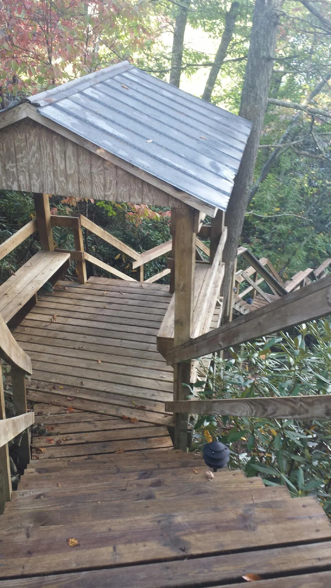 Metal roofed shelter over wooden steps on a wooded walkway — Skylight Repair & Installation work by our crew in Twain